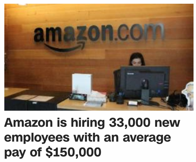 亚马逊招聘33 000名新员工 平均年薪为15万美元 凤凰卫视美洲网